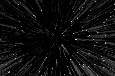 Siyah arkaplan üzerindeki Bokeh beyaz çizgileri, soyut hız ışık hareketi bulanık dokusu, parçacık veya uzay yolculuğu, siyah ve beyaz ekstrüzyon etkisi, illüstrasyon