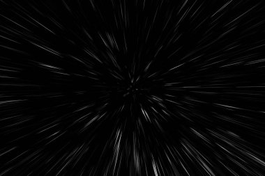 Siyah arkaplan üzerindeki Bokeh beyaz çizgileri, soyut hız ışık hareketi bulanık dokusu, parçacık veya uzay yolculuğu, siyah ve beyaz ekstrüzyon etkisi, illüstrasyon