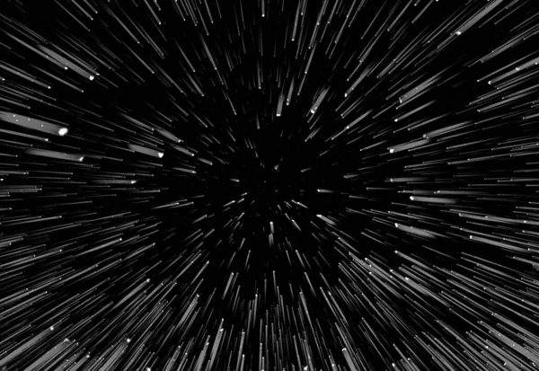 Siyah arkaplan üzerindeki Bokeh beyaz çizgileri, soyut hız ışık hareketi bulanık dokusu, parçacık veya uzay yolculuğu, siyah ve beyaz ekstrüzyon etkisi, illüstrasyon