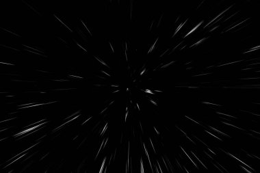 Siyah arkaplan üzerindeki Bokeh beyaz çizgileri, soyut hız ışık hareketi bulanık dokusu, parçacık veya uzay yolculuğu, siyah ve beyaz ekstrüzyon etkisi
