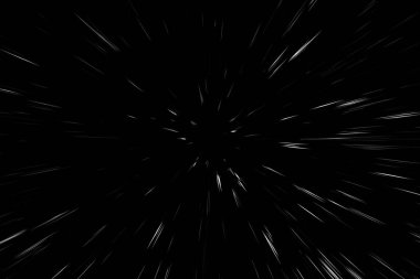 Siyah arkaplan üzerindeki Bokeh beyaz çizgileri, soyut hız ışık hareketi bulanık dokusu, parçacık veya uzay yolculuğu, siyah ve beyaz ekstrüzyon etkisi