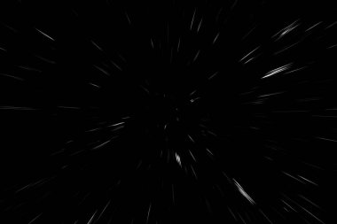 Siyah arkaplan üzerindeki Bokeh beyaz çizgileri, soyut hız ışık hareketi bulanık dokusu, parçacık veya uzay yolculuğu, siyah ve beyaz ekstrüzyon etkisi