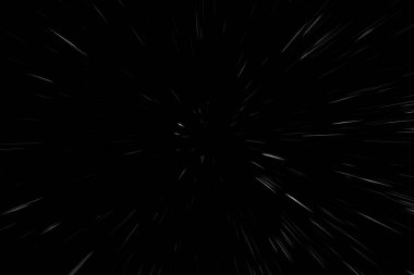 Siyah arkaplan üzerindeki Bokeh beyaz çizgileri, soyut hız ışık hareketi bulanık dokusu, parçacık veya uzay yolculuğu, siyah ve beyaz ekstrüzyon etkisi