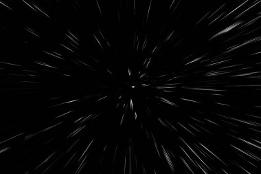 Siyah arkaplan üzerindeki Bokeh beyaz çizgileri, soyut hız ışık hareketi bulanık dokusu, parçacık veya uzay yolculuğu, siyah ve beyaz ekstrüzyon etkisi