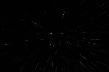 Siyah arkaplan üzerindeki Bokeh beyaz çizgileri, soyut hız ışık hareketi bulanık dokusu, parçacık veya uzay yolculuğu, siyah ve beyaz ekstrüzyon etkisi