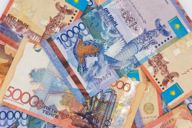 Kazakistan parası arka plan dokusunu faturalar. tenge banknotları
