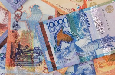 Kazakistan parası arka plan dokusunu faturalar. tenge banknotları