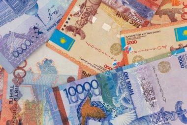 Kazakistan parası arka plan dokusunu faturalar. tenge banknotları