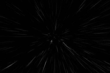 Siyah arkaplan üzerindeki Bokeh beyaz çizgileri, soyut hız ışık hareketi bulanık dokusu, yıldız parçacığı veya uzay yolculuğu, siyah ve beyaz ekstrüzyon etkisi