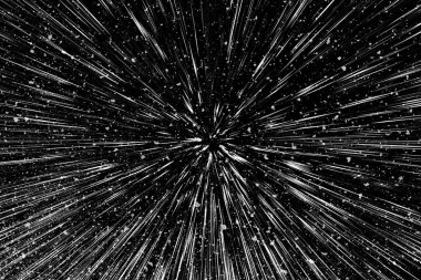 Siyah arkaplan üzerindeki Bokeh beyaz çizgileri, soyut hız ışık hareketi bulanık dokusu, yıldız parçacığı veya uzay yolculuğu, siyah ve beyaz ekstrüzyon etkisi