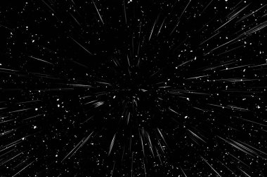 Siyah arkaplan üzerindeki Bokeh beyaz çizgileri, soyut hız ışık hareketi bulanık dokusu, yıldız parçacığı veya uzay yolculuğu, siyah ve beyaz ekstrüzyon etkisi