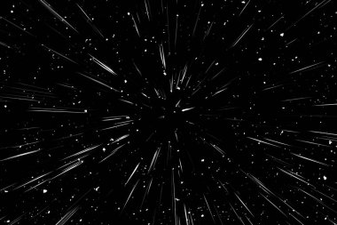 Siyah arkaplan üzerindeki Bokeh beyaz çizgileri, soyut hız ışık hareketi bulanık dokusu, yıldız parçacığı veya uzay yolculuğu, siyah ve beyaz ekstrüzyon etkisi