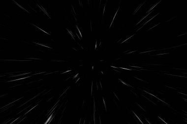 Siyah arkaplan üzerindeki Bokeh beyaz çizgileri, soyut hız ışık hareketi bulanık dokusu, yıldız parçacığı veya uzay yolculuğu, siyah ve beyaz ekstrüzyon etkisi