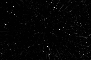 Siyah arkaplan üzerindeki Bokeh beyaz çizgileri, soyut hız ışık hareketi bulanık dokusu, yıldız parçacığı veya uzay yolculuğu, siyah ve beyaz ekstrüzyon etkisi