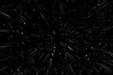 Siyah arkaplan üzerindeki Bokeh beyaz çizgileri, soyut hız ışık hareketi bulanık dokusu, yıldız parçacığı veya uzay yolculuğu, siyah ve beyaz ekstrüzyon etkisi