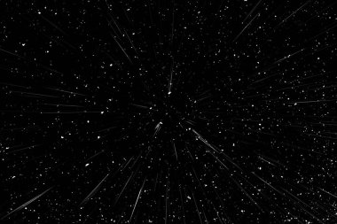 Siyah arkaplan üzerindeki Bokeh beyaz çizgileri, soyut hız ışık hareketi bulanık dokusu, yıldız parçacığı veya uzay yolculuğu, siyah ve beyaz ekstrüzyon etkisi