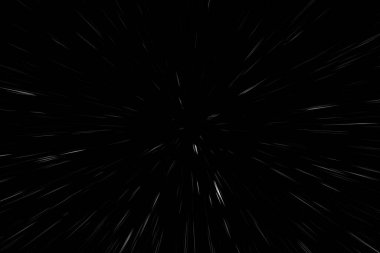 Siyah arkaplan üzerindeki Bokeh beyaz çizgileri, soyut hız ışık hareketi bulanık dokusu, yıldız parçacığı veya uzay yolculuğu, siyah ve beyaz ekstrüzyon etkisi