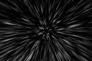 Siyah arkaplan üzerindeki Bokeh beyaz çizgileri, soyut hız ışık hareketi bulanık dokusu, yıldız parçacığı veya uzay yolculuğu, siyah ve beyaz ekstrüzyon etkisi
