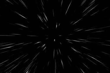 Siyah arkaplan üzerindeki Bokeh beyaz çizgileri, soyut hız ışık hareketi bulanık dokusu, yıldız parçacığı veya uzay yolculuğu, siyah ve beyaz ekstrüzyon etkisi