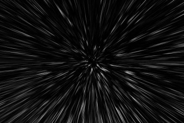 Siyah arkaplan üzerindeki Bokeh beyaz çizgileri, soyut hız ışık hareketi bulanık dokusu, yıldız parçacığı veya uzay yolculuğu, siyah ve beyaz ekstrüzyon etkisi