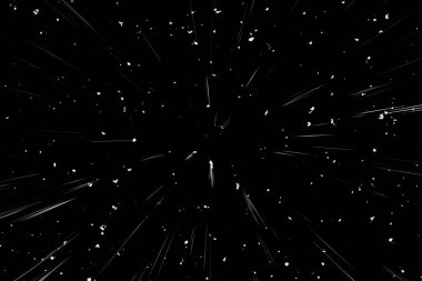 Siyah arkaplan üzerindeki Bokeh beyaz çizgileri, soyut hız ışık hareketi bulanık dokusu, yıldız parçacığı veya uzay yolculuğu, siyah ve beyaz ekstrüzyon etkisi