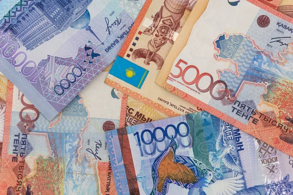 Kazachstan Geld Factureert Achtergrond Textuur Tenge Bankbiljetten — Stockfoto