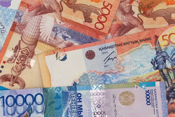 Kazachstan Geld Factureert Achtergrond Textuur Tenge Bankbiljetten — Stockfoto