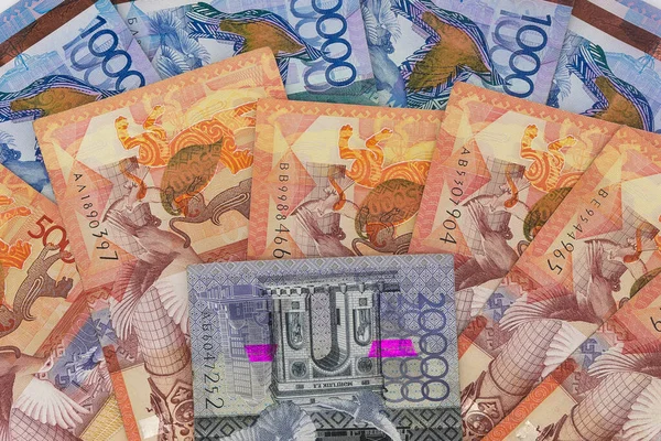 Kazachstan Geld Factureert Achtergrond Textuur Tenge Bankbiljetten — Stockfoto