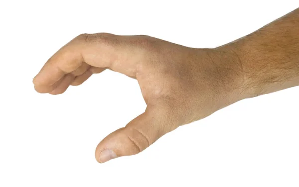 Män Hand Håller Håller Något Isolerat Vit Bakgrund Med Klippning — Stockfoto