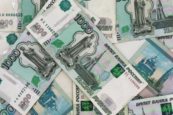 Russische Bankbiljetten Achtergrond Textuur Russisch Geld Rekeningen — Stockfoto