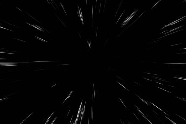 Siyah arkaplan üzerindeki Bokeh beyaz çizgileri, soyut hız ışık hareketi bulanık dokusu, yıldız parçacığı veya uzay yolculuğu, siyah ve beyaz ekstrüzyon etkisi