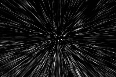 Siyah arkaplan üzerindeki Bokeh beyaz çizgileri, soyut hız ışık hareketi bulanık dokusu, yıldız parçacığı veya uzay yolculuğu, siyah ve beyaz ekstrüzyon etkisi