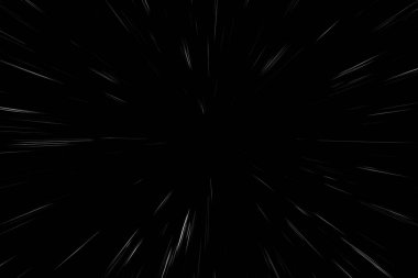 Siyah arkaplan üzerindeki Bokeh beyaz çizgileri, soyut hız ışık hareketi bulanık dokusu, yıldız parçacığı veya uzay yolculuğu, siyah ve beyaz ekstrüzyon etkisi