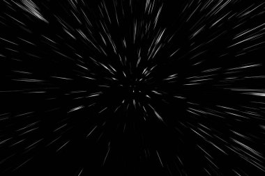 Siyah arkaplan üzerindeki Bokeh beyaz çizgileri, soyut hız ışık hareketi bulanık dokusu, yıldız parçacığı veya uzay yolculuğu, siyah ve beyaz ekstrüzyon etkisi