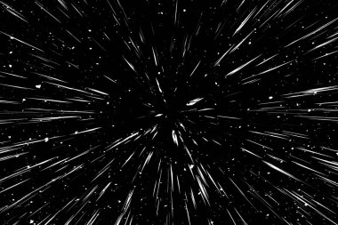 Siyah arkaplan üzerindeki Bokeh beyaz çizgileri, soyut hız ışık hareketi bulanık dokusu, yıldız parçacığı veya uzay yolculuğu, siyah ve beyaz ekstrüzyon etkisi