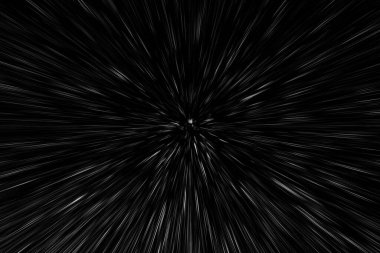 Siyah arkaplan üzerindeki Bokeh beyaz çizgileri, soyut hız ışık hareketi bulanık dokusu, yıldız parçacığı veya uzay yolculuğu, siyah ve beyaz ekstrüzyon etkisi