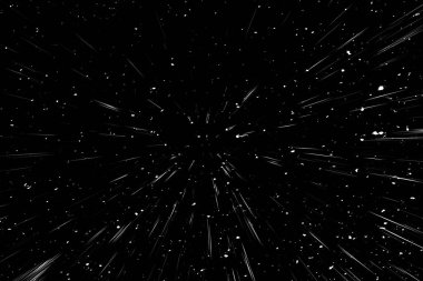 Siyah arkaplan üzerindeki Bokeh beyaz çizgileri, soyut hız ışık hareketi bulanık dokusu, yıldız parçacığı veya uzay yolculuğu, siyah ve beyaz ekstrüzyon etkisi