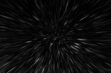 Siyah arkaplan üzerindeki Bokeh beyaz çizgileri, soyut hız ışık hareketi bulanık dokusu, yıldız parçacığı veya uzay yolculuğu, siyah ve beyaz ekstrüzyon etkisi