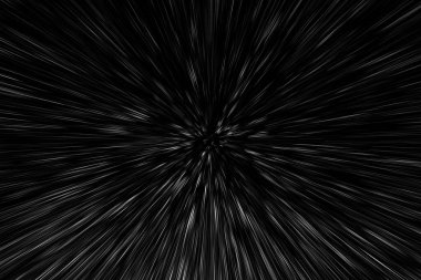 Siyah arkaplan üzerindeki Bokeh beyaz çizgileri, soyut hız ışık hareketi bulanık dokusu, yıldız parçacığı veya uzay yolculuğu, siyah ve beyaz ekstrüzyon etkisi