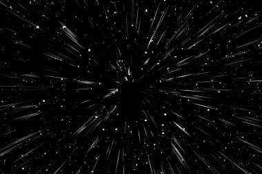 Siyah arkaplan üzerindeki Bokeh beyaz çizgileri, soyut hız ışık hareketi bulanık dokusu, yıldız parçacığı veya uzay yolculuğu, siyah ve beyaz ekstrüzyon etkisi