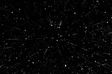 Siyah arkaplan üzerindeki Bokeh beyaz çizgileri, soyut hız ışık hareketi bulanık dokusu, yıldız parçacığı veya uzay yolculuğu, siyah ve beyaz ekstrüzyon etkisi