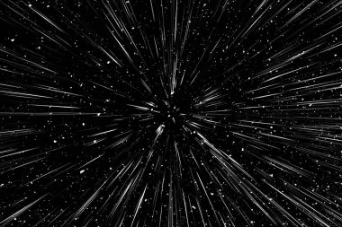 Siyah arkaplan üzerindeki Bokeh beyaz çizgileri, soyut hız ışık hareketi bulanık dokusu, yıldız parçacığı veya uzay yolculuğu, siyah ve beyaz ekstrüzyon etkisi