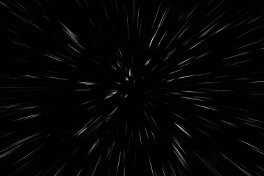 Siyah arkaplan üzerindeki Bokeh beyaz çizgileri, soyut hız ışık hareketi bulanık dokusu, yıldız parçacığı veya uzay yolculuğu, siyah ve beyaz ekstrüzyon etkisi