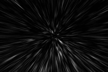 Siyah arkaplan üzerindeki Bokeh beyaz çizgileri, soyut hız ışık hareketi bulanık dokusu, yıldız parçacığı veya uzay yolculuğu, siyah ve beyaz ekstrüzyon etkisi