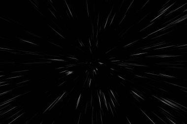 Siyah arkaplan üzerindeki Bokeh beyaz çizgileri, soyut hız ışık hareketi bulanık dokusu, yıldız parçacığı veya uzay yolculuğu, siyah ve beyaz ekstrüzyon etkisi