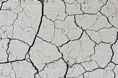 Beyaz kurumuş ve çatlamış toprak arka planı, kuru çatlak zemini, çatlak yüzeyi, beyaz çatlamış dokuyu tasarımcılar için kapatın.