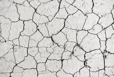 Beyaz kurumuş ve çatlamış toprak arka planı, kuru çatlak zemini, çatlak yüzeyi, beyaz çatlamış dokuyu tasarımcılar için kapatın.