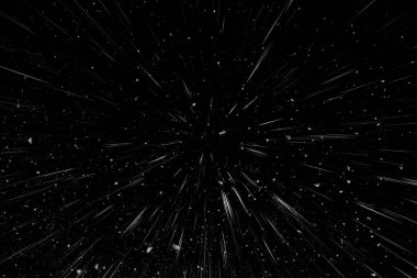 Bokeh beyaz çizgileri ve siyah arkaplan üzerindeki noktalar, soyut ışık hareketi bulanık dokusu, parçacık veya uzay yolculuğu, siyah ve beyaz ekstrüzyon etkisi