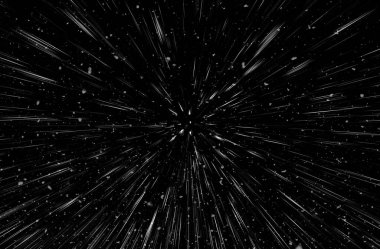 Bokeh beyaz çizgileri ve siyah arkaplan üzerindeki noktalar, soyut ışık hareketi bulanık dokusu, parçacık veya uzay yolculuğu, siyah ve beyaz ekstrüzyon etkisi