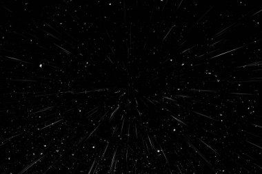 Bokeh beyaz çizgileri ve siyah arkaplan üzerindeki noktalar, soyut ışık hareketi bulanık dokusu, parçacık veya uzay yolculuğu, siyah ve beyaz ekstrüzyon etkisi